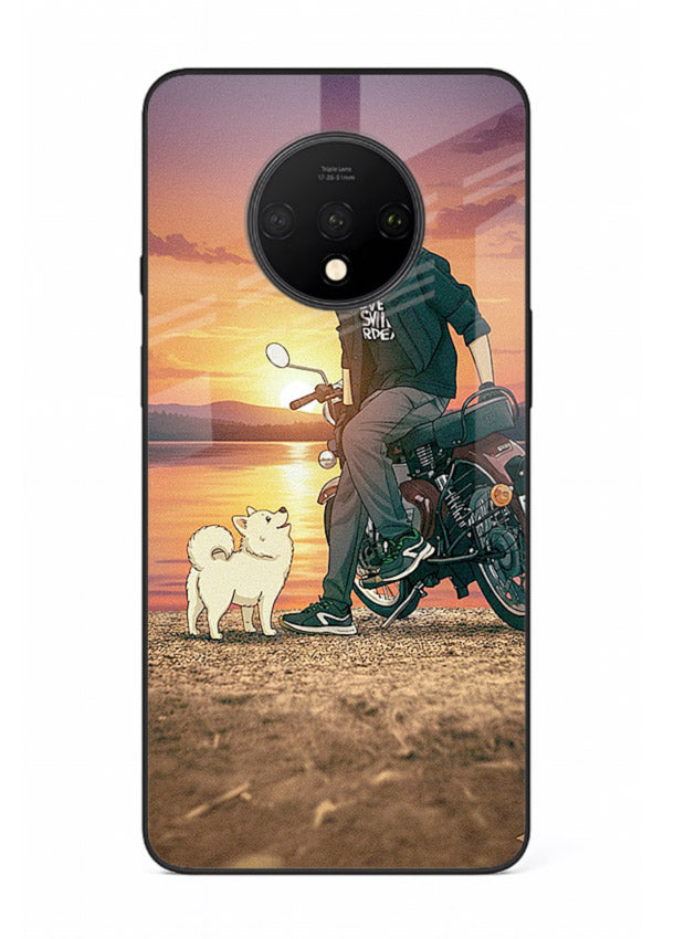 Sunset biker silhouette artwork on glossy tempered glass OnePlus 7T back cover