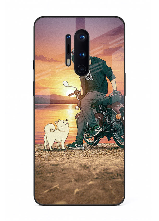 Sunset biker silhouette artwork on glossy tempered glass OnePlus 8 Pro back cover