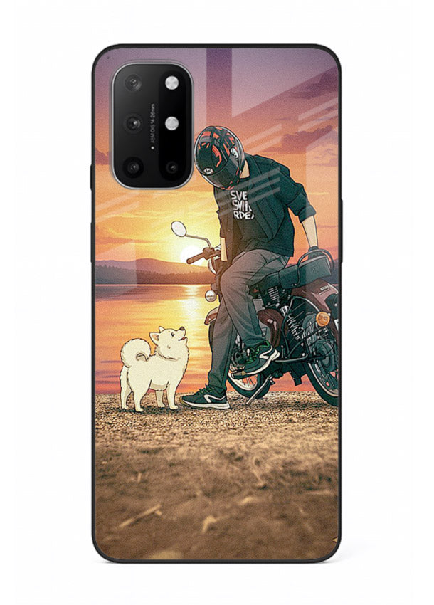 Sunset biker silhouette artwork on glossy tempered glass OnePlus 8T back cover