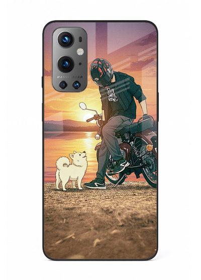 Sunset biker silhouette artwork on glossy tempered glass OnePlus 9 back cover