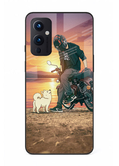 Sunset biker silhouette artwork on glossy tempered glass OnePlus 9 Pro back cover