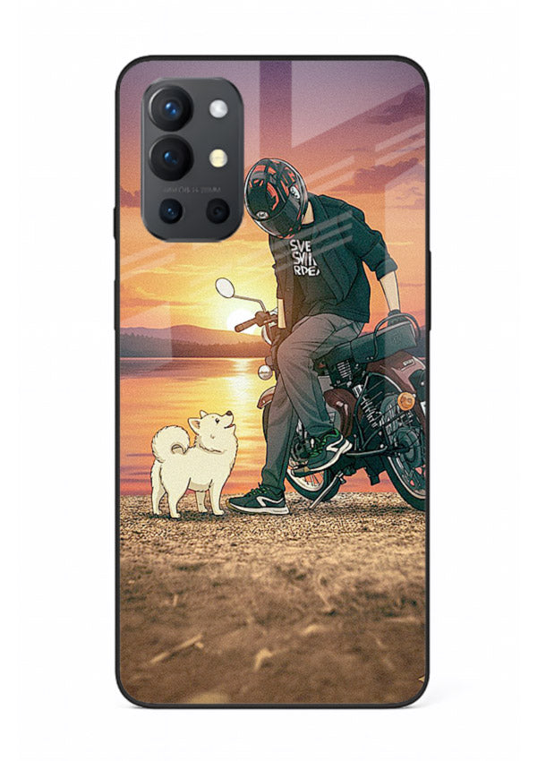 Sunset biker silhouette artwork on glossy tempered glass OnePlus 9R back cover