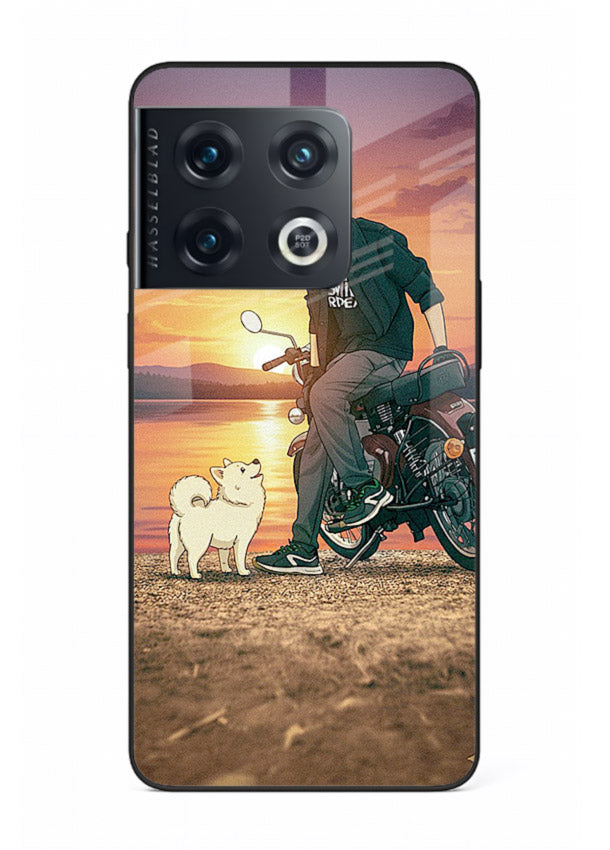 Sunset biker silhouette artwork on glossy tempered glass OnePlus 10 Pro back cover