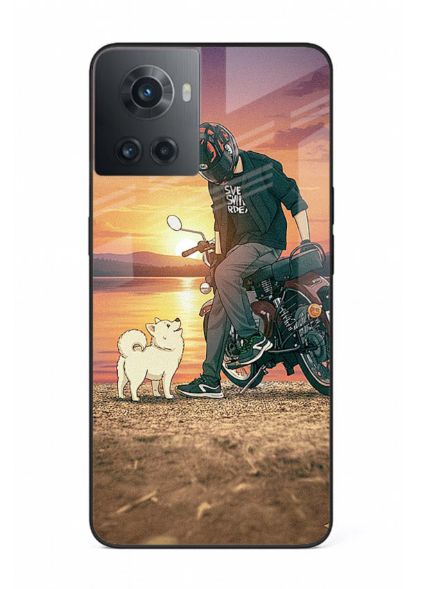 Sunset biker silhouette artwork on glossy tempered glass OnePlus 10R back cover