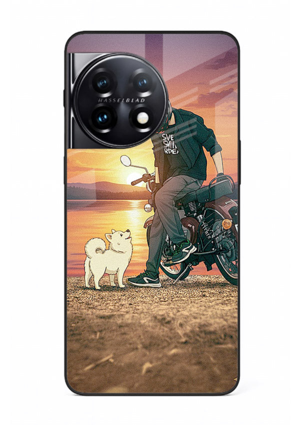 Sunset biker silhouette artwork on glossy tempered glass OnePlus 11 back cover