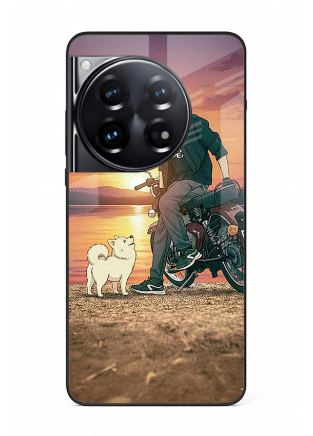 Sunset biker silhouette artwork on glossy tempered glass OnePlus 12 back cover
