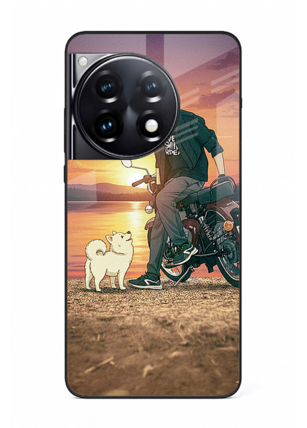 Sunset biker silhouette artwork on glossy tempered glass OnePlus 12R back cover