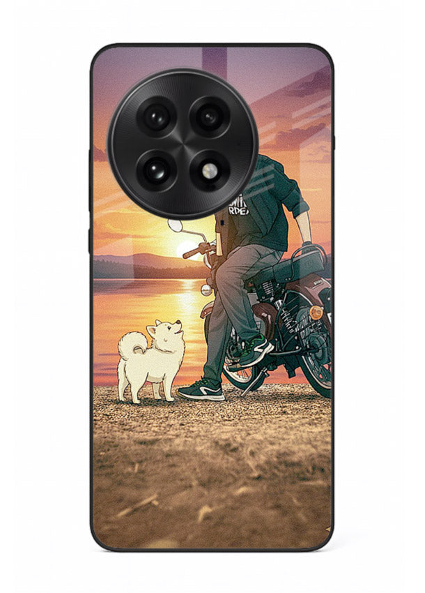 Sunset biker silhouette artwork on glossy tempered glass OnePlus 13R back cover