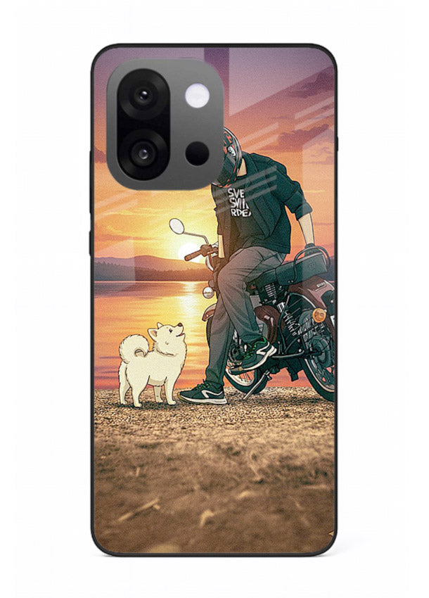 Sunset biker silhouette artwork on glossy tempered glass OnePlus 13s back cover