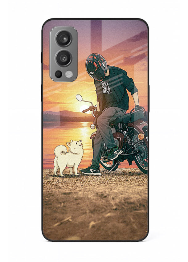 Sunset biker silhouette artwork on glossy tempered glass OnePlus Nord 2 back cover
