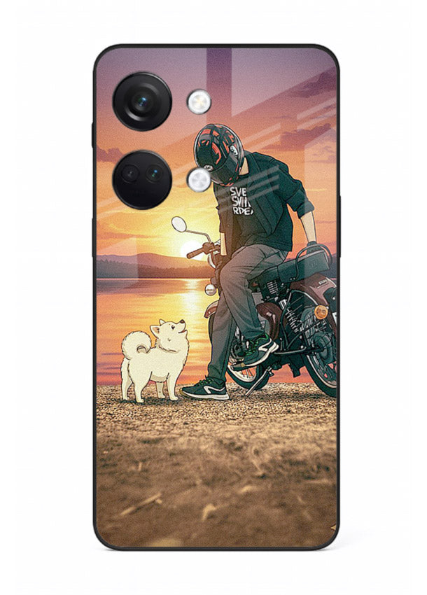 Sunset biker silhouette artwork on glossy tempered glass OnePlus Nord 3 back cover