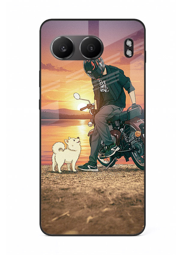 Sunset biker silhouette artwork on glossy tempered glass OnePlus Nord 4 back cover