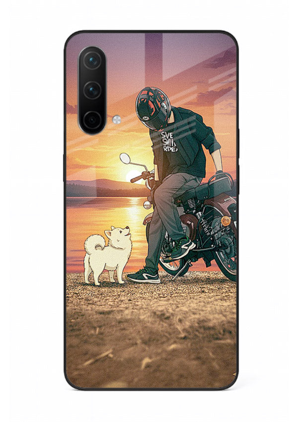 Sunset biker silhouette artwork on glossy tempered glass OnePlus Nord CE 5G back cover
