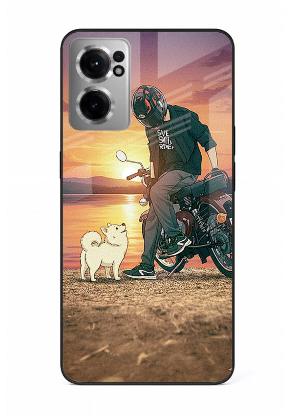 Sunset biker silhouette artwork on glossy tempered glass OnePlus Nord CE2 5G back cover