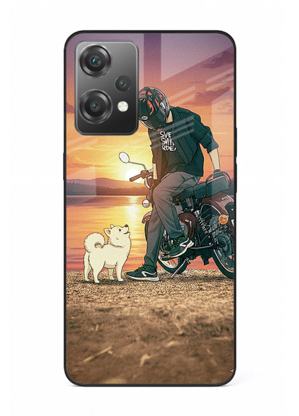 Sunset biker silhouette artwork on glossy tempered glass OnePlus Nord CE2 Lite 5G back cover