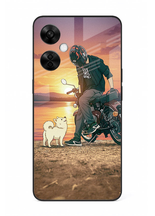 Sunset biker silhouette artwork on glossy tempered glass OnePlus Nord CE3 Lite back cover