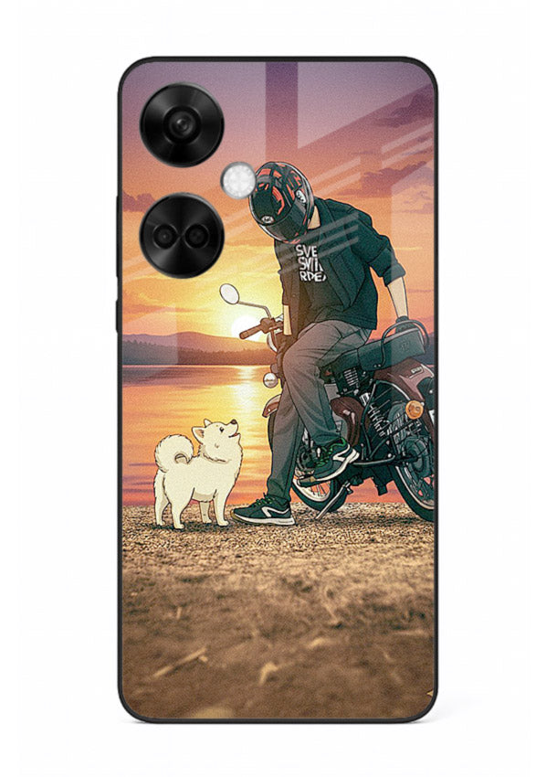 Sunset biker silhouette artwork on glossy tempered glass OnePlus Nord CE3 back cover