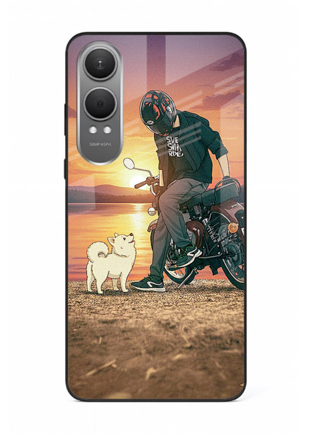 Sunset biker silhouette artwork on glossy tempered glass OnePlus Nord CE4 Lite back cover