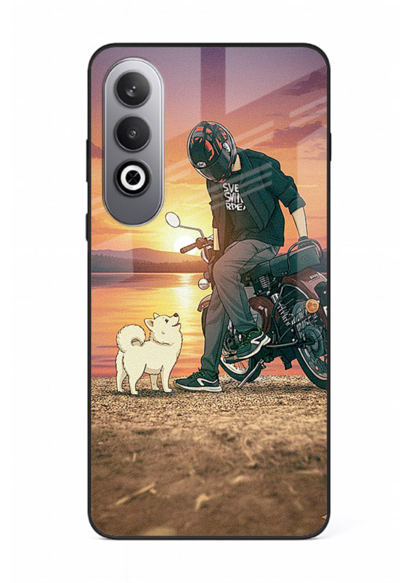 Sunset biker silhouette artwork on glossy tempered glass OnePlus Nord CE4 back cover
