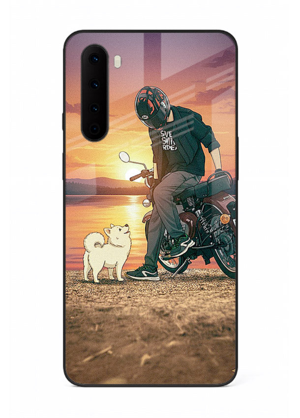 Sunset biker silhouette artwork on glossy tempered glass OnePlus Nord back cover