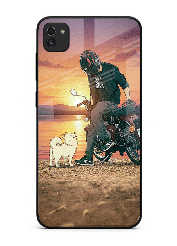 Sunset biker silhouette artwork on glossy tempered glass Samsung A03 back cover