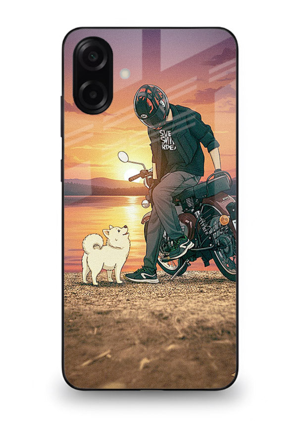 Sunset biker silhouette artwork on glossy tempered glass Samsung A06 5G back cover