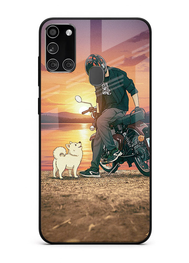 Sunset biker silhouette artwork on glossy tempered glass Samsung A21s back cover