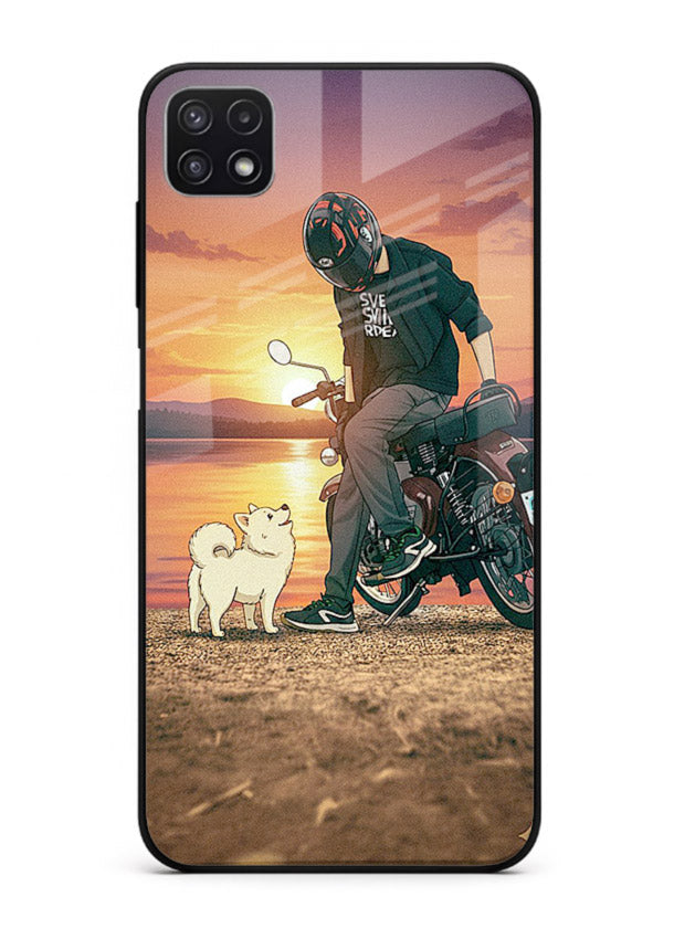 Sunset biker silhouette artwork on glossy tempered glass Samsung A22 5G back cover