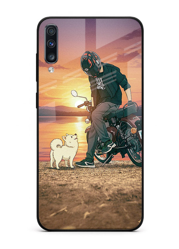 Sunset biker silhouette artwork on glossy tempered glass Samsung A50 back cover