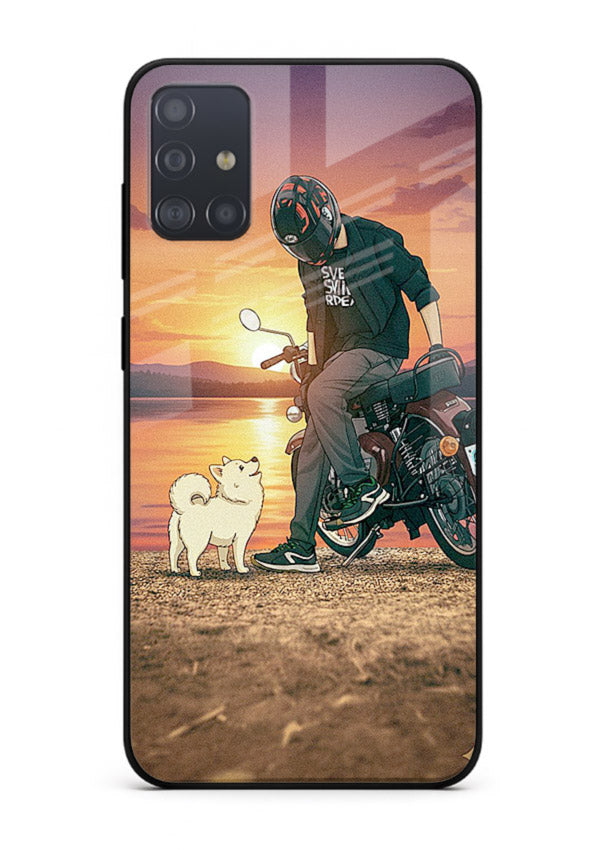 Sunset biker silhouette artwork on glossy tempered glass Samsung A71 back cover