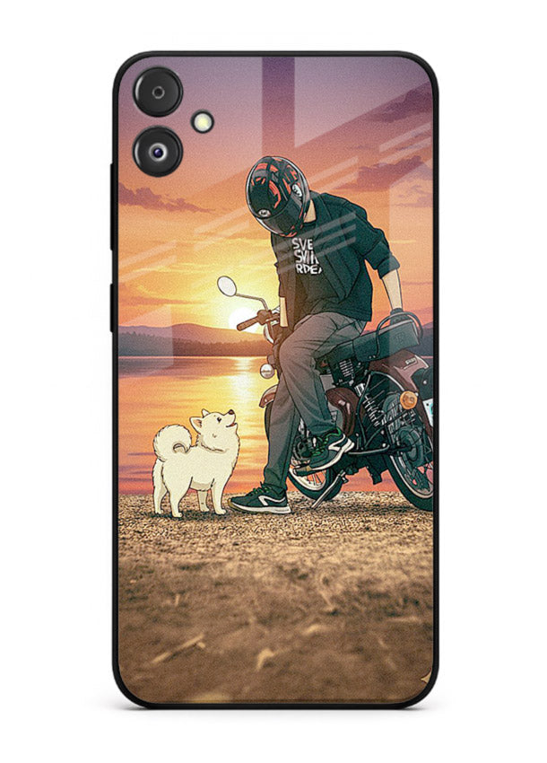 Sunset biker silhouette artwork on glossy tempered glass Samsung F14 5G back cover