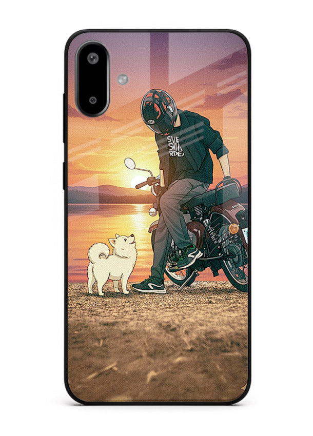 Sunset biker silhouette artwork on glossy tempered glass Samsung F06 5G back cover
