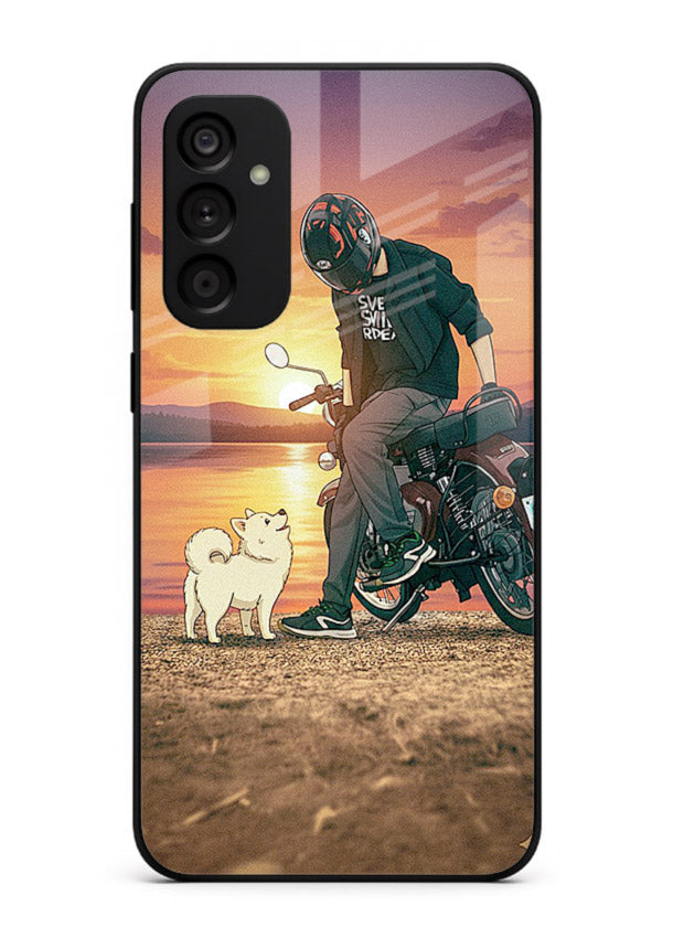 Sunset biker silhouette artwork on glossy tempered glass Samsung M14 4G back cover