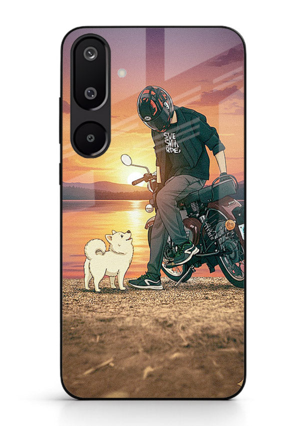 Sunset biker silhouette artwork on glossy tempered glass Samsung M16 5G back cover
