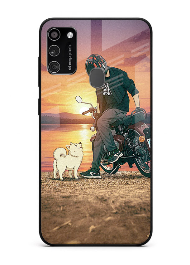 Sunset biker silhouette artwork on glossy tempered glass Samsung M21 back cover