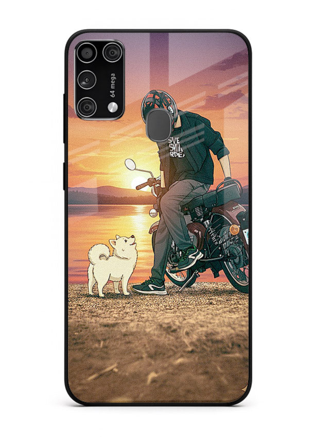 Sunset biker silhouette artwork on glossy tempered glass Samsung M31 Prime back cover