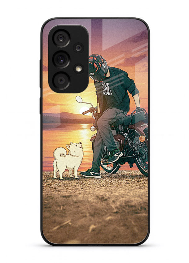 Sunset biker silhouette artwork on glossy tempered glass Samsung A33 5G back cover