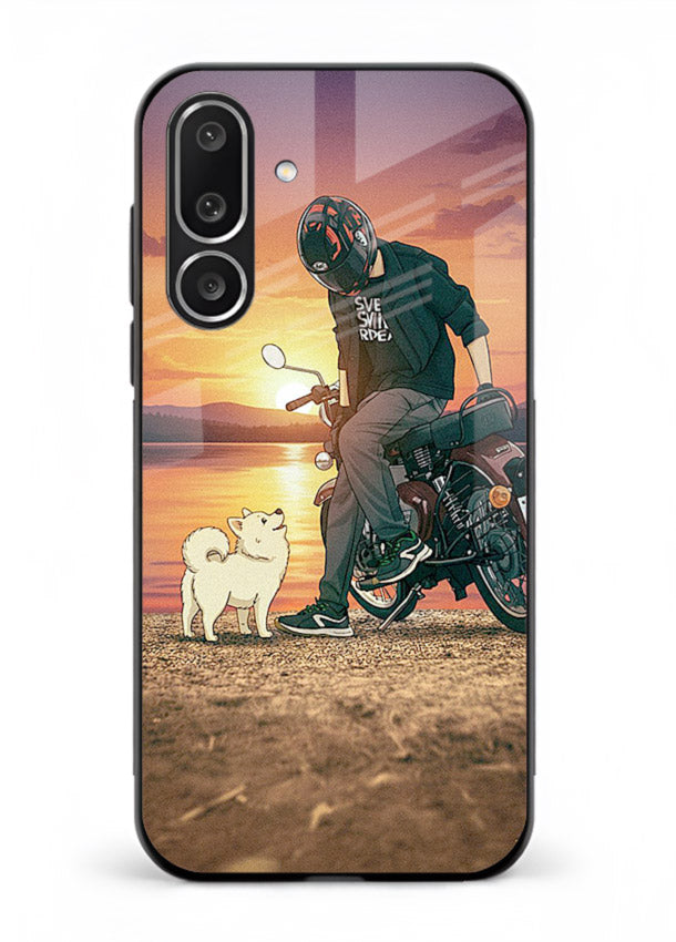 Sunset biker silhouette artwork on glossy tempered glass Samsung M36 5G back cover