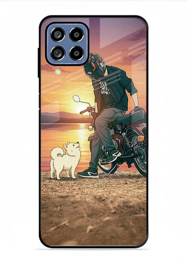 Sunset biker silhouette artwork on glossy tempered glass Samsung F12 5G back cover