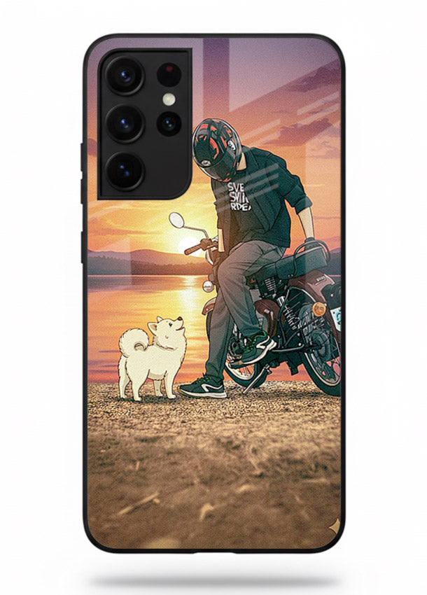 Sunset biker silhouette artwork on glossy tempered glass Samsung S21 Ultra back cover