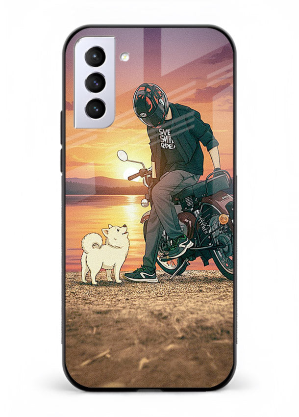 Sunset biker silhouette artwork on glossy tempered glass Samsung S21 Plus back cover
