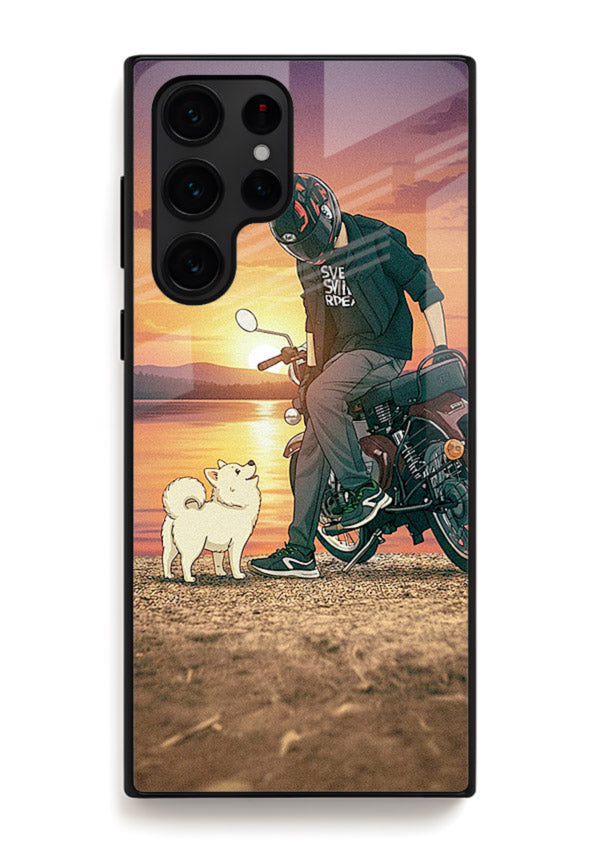 Sunset biker silhouette artwork on glossy tempered glass Samsung S22 Ultra back cover