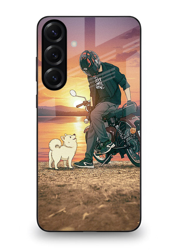 Sunset biker silhouette artwork on glossy tempered glass Samsung A54 5G back cover
