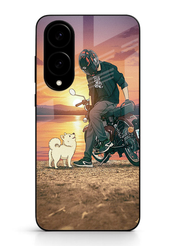 Sunset biker silhouette artwork on glossy tempered glass Samsung S25 Edge back cover