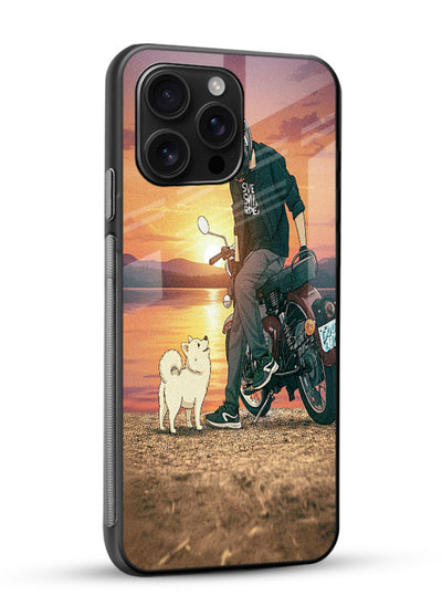 Sunset biker silhouette artwork on glossy tempered glass phone back cover - 2