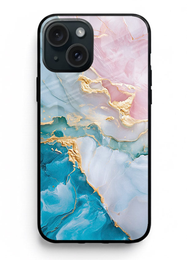Golden Rift Marble iphone 14 plus glass back cover with blue marble and gold fracture rifts