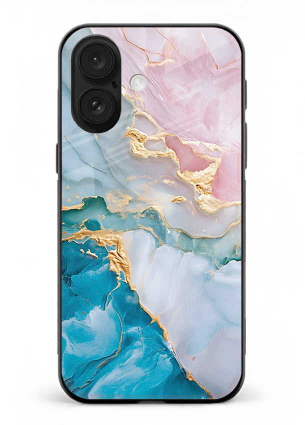 Golden Rift Marble iphone 17 glass back cover with blue marble and gold fracture rifts