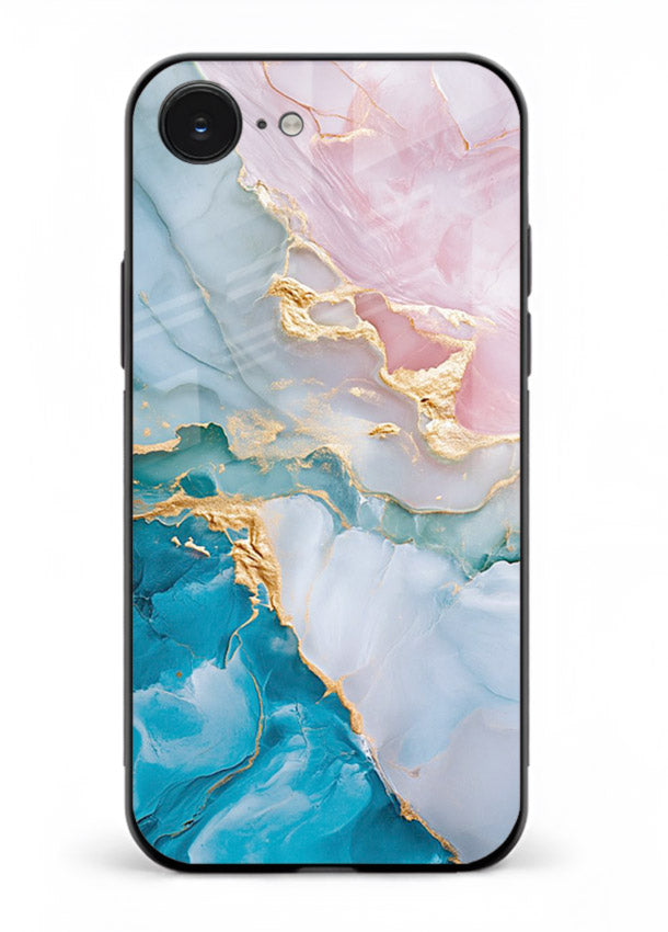 Golden Rift Marble iphone 16e glass back cover with blue marble and gold fracture rifts