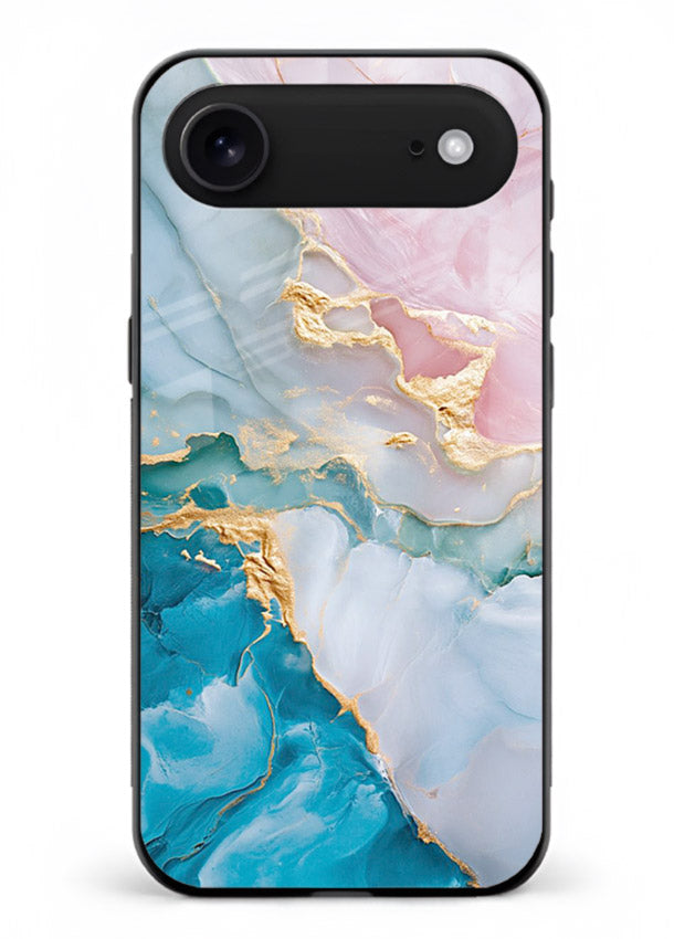 Golden Rift Marble iphone 17 air glass back cover with blue marble and gold fracture rifts