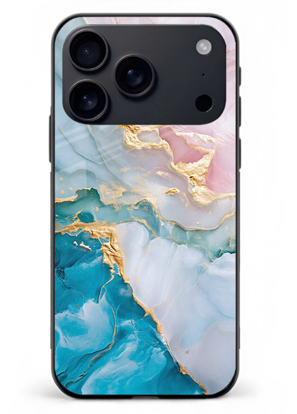 Golden Rift Marble iphone 18 pro max glass back cover with blue marble and gold fracture rifts